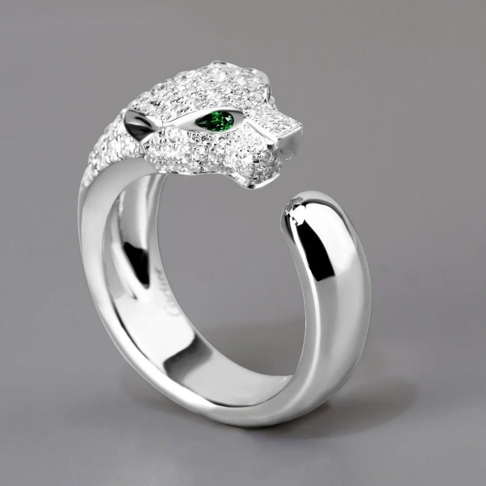 Beautiful Homage Green Eyed Diamond Panther Head Ring .925 Sterling Silver - Picture 9 of 9